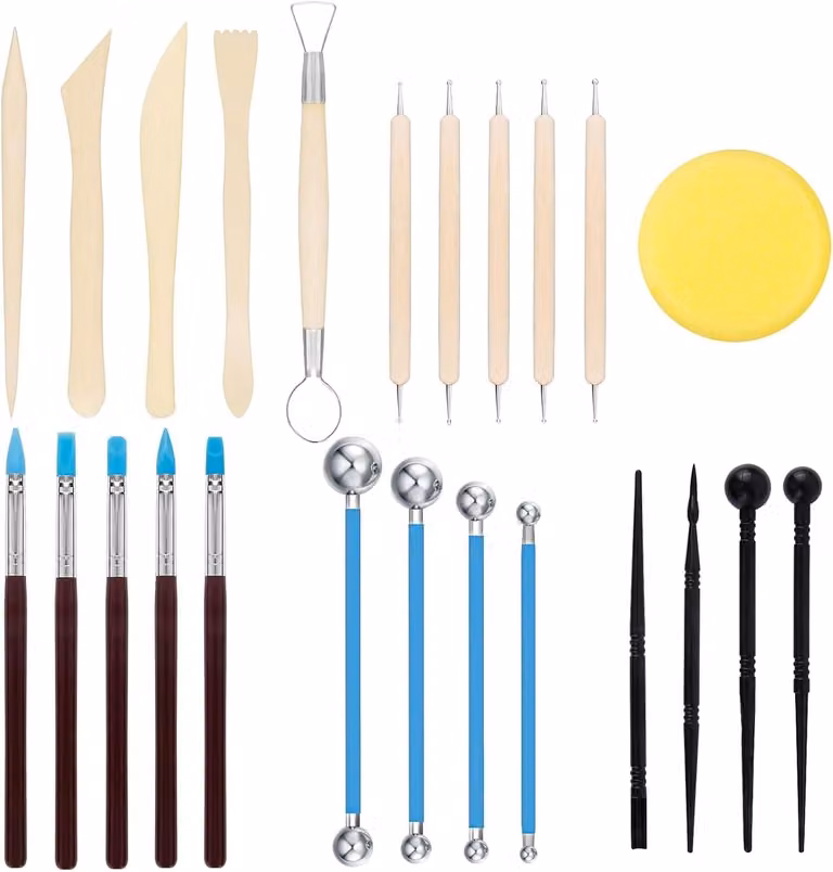 Set di strumenti per modellazione, composto da 24 pezzi, in legno e silicone, per la lavorazione della pasta polimerica