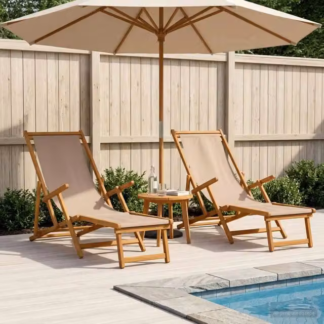 Set di 2 lettini prendisole pieghevoli vidaXL in legno di acacia con poggiatesta regolabile e tessuto beige resistente ai raggi UV