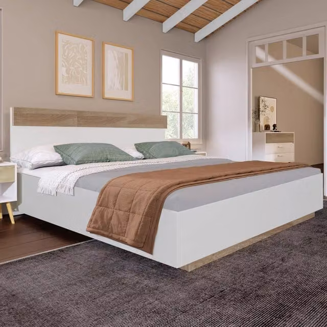 Letto matrimoniale fluttuante WISHDOR in legno bianco e rovere con rete a doghe e testiera L/P: 180 x 200 cm