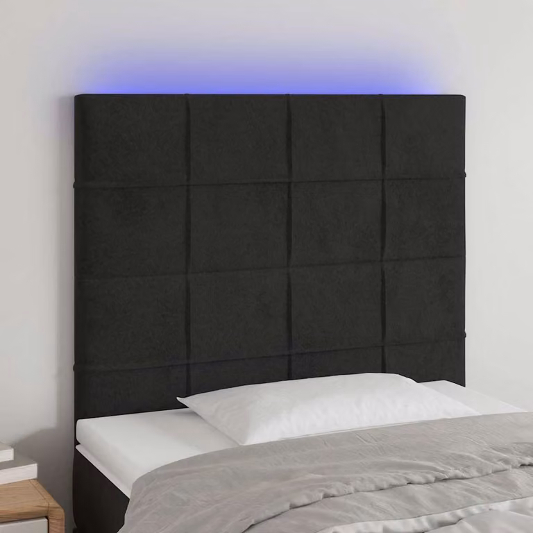 Testiera per letto vidaXL in velluto nero con illuminazione LED integrata e porta di ricarica USB, L 100 cm, P 5 cm, H 118-128 cm