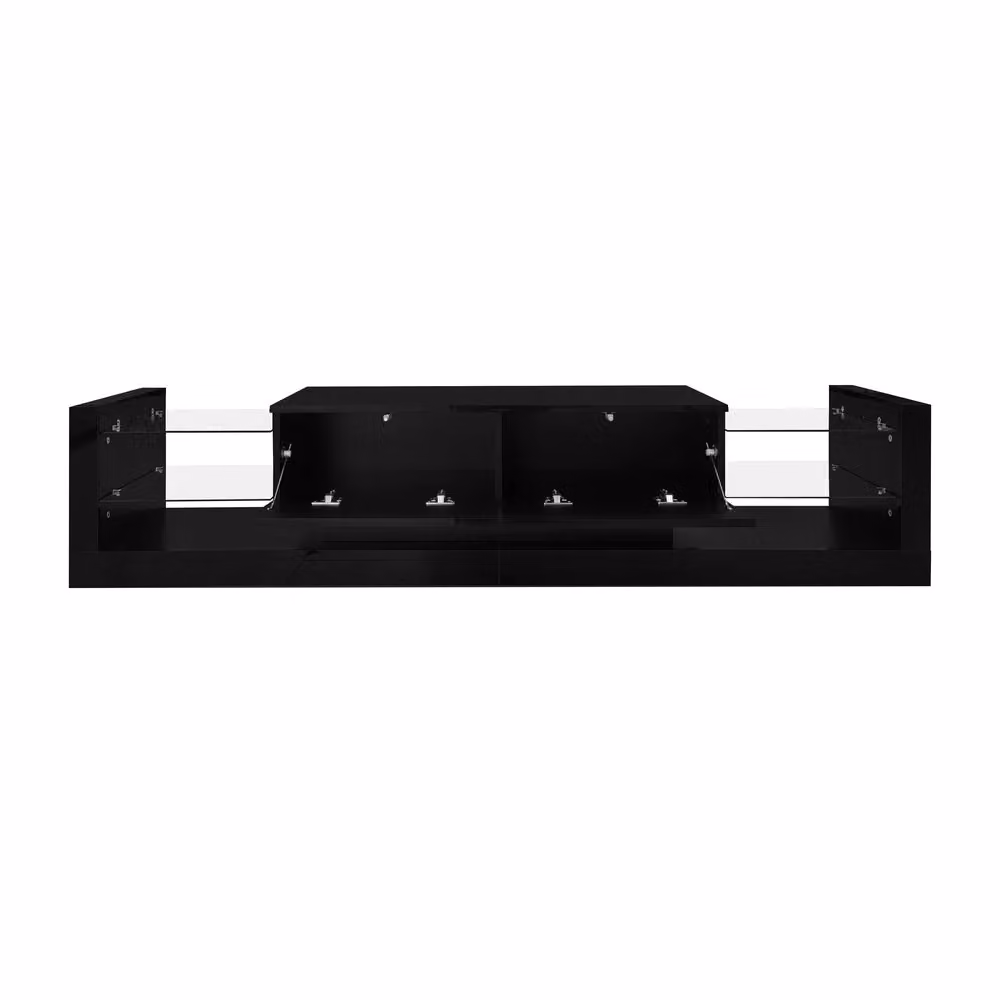 Mobile TV Minimal con LED nero lucido, vetro e legno, L: 181 cm, P: 38 cm, H: 35 cm – 2