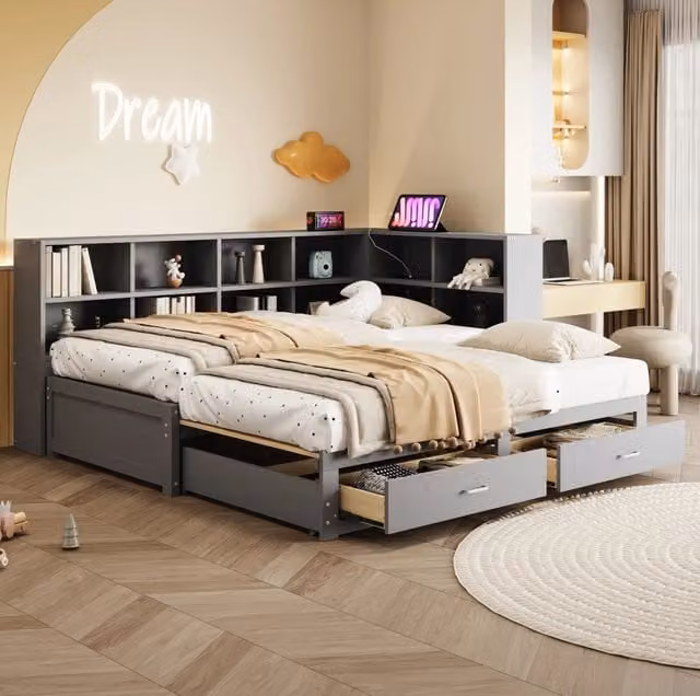 Letto multifunzionale in legno massello 90/180x190 cm con divano letto estraibile, contenitori, prese multiple e rete a doghe, grigio