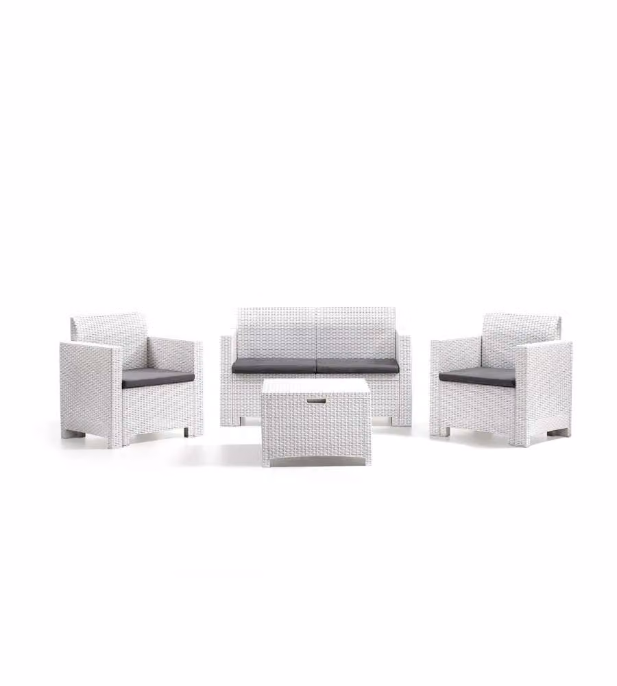 Set da giardino Nebraska Bica in rattan bianco con divanetto, 2 poltrone e tavolino contenitore – 1