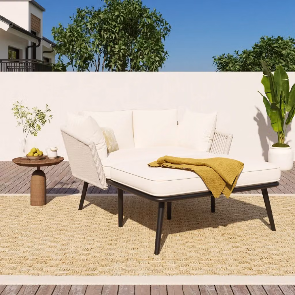 Lettino prendisole da giardino Outsunny in acciaio verniciato con corda e tessuto resistente ai raggi UV, beige – 2