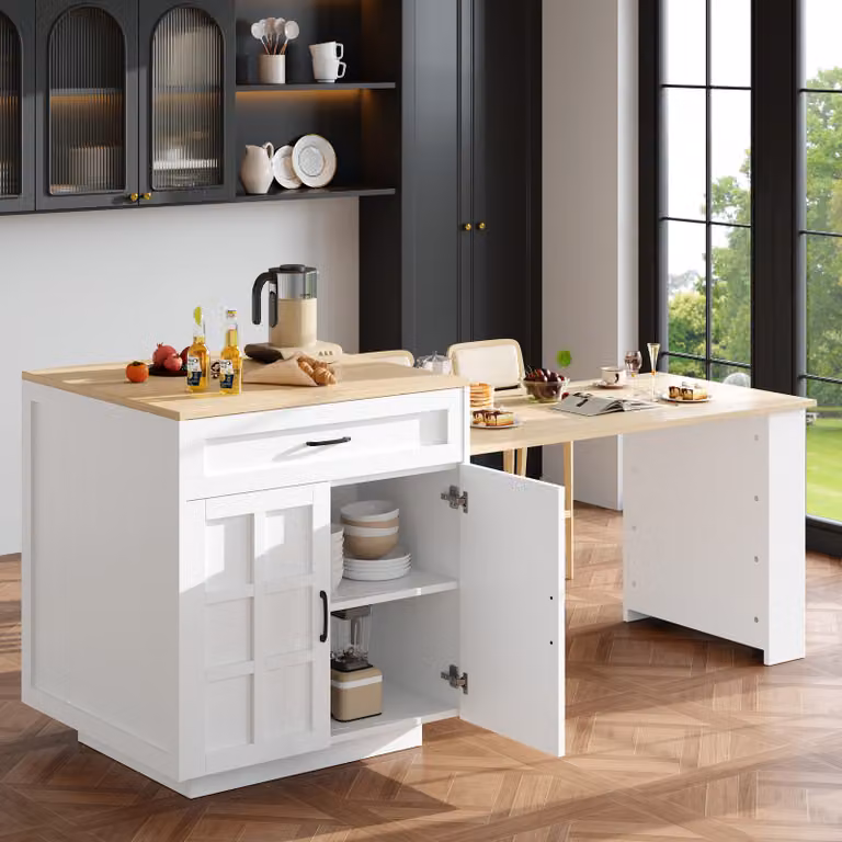 STILVORA allungabile, tavolo da bar con vano portaoggetti, tavolo da cucina con cassetti, isola da cucina con ripiani laterali, per 2-6 persone