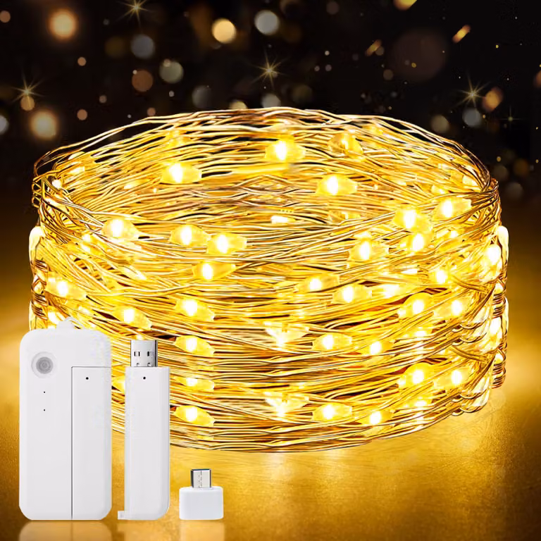 Catena luminosa da 10 metri, con 100 LED, ricaricabile, con timer, connettore USB-C, luce bianco caldo