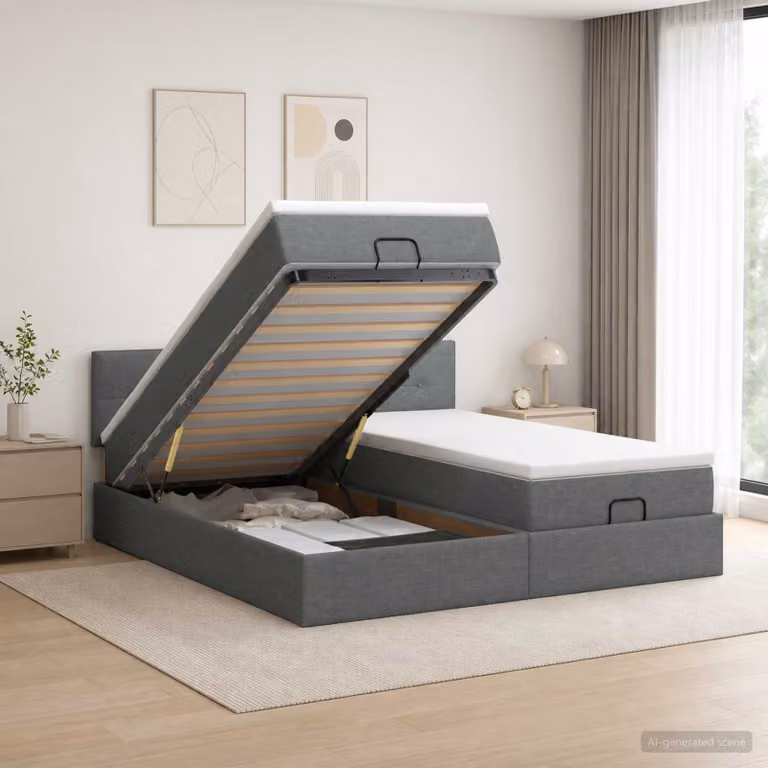 Letto ottomano con materasso ibrido vidaXL in tessuto grigio e bianco, L/P/H: 203 x 160 x 88 cm