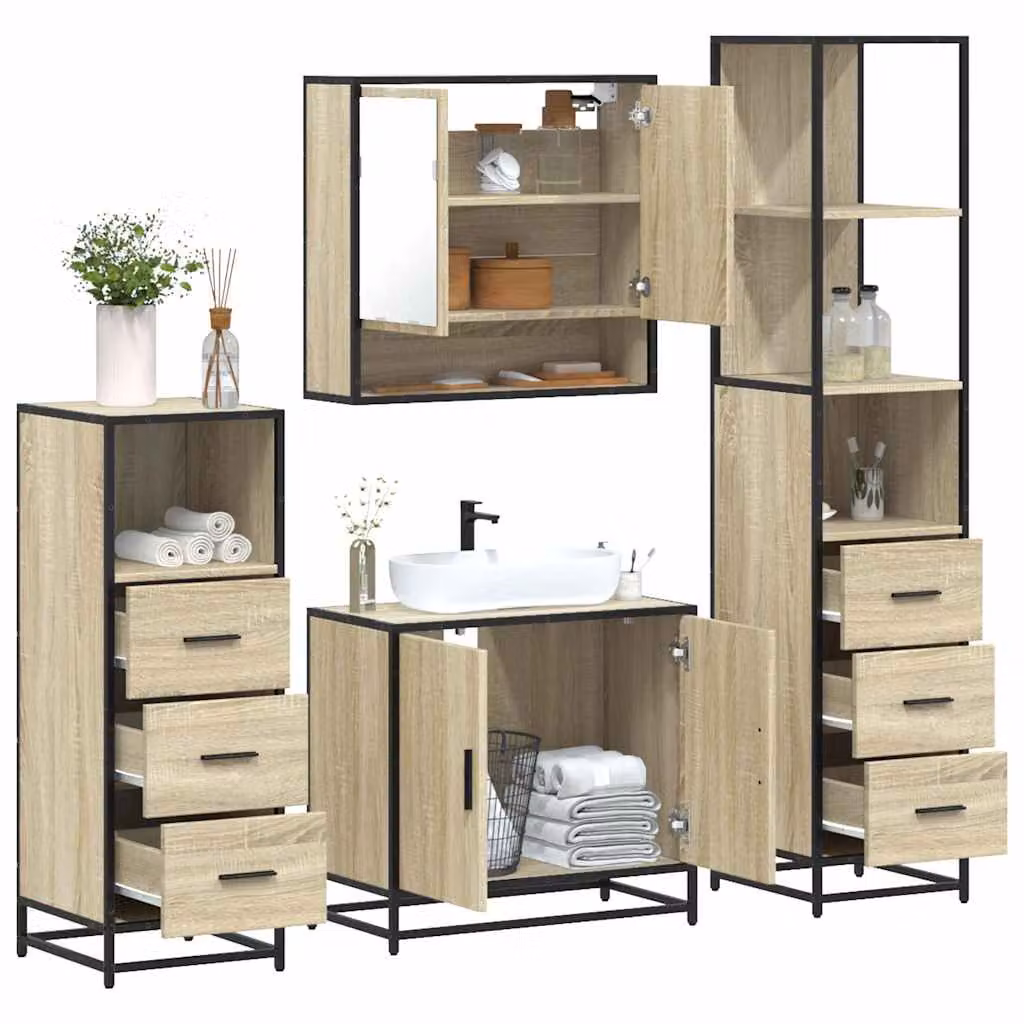 Set di mobili da bagno industrial vidaXL 4 pezzi in legno e metallo marrone con illuminazione LED