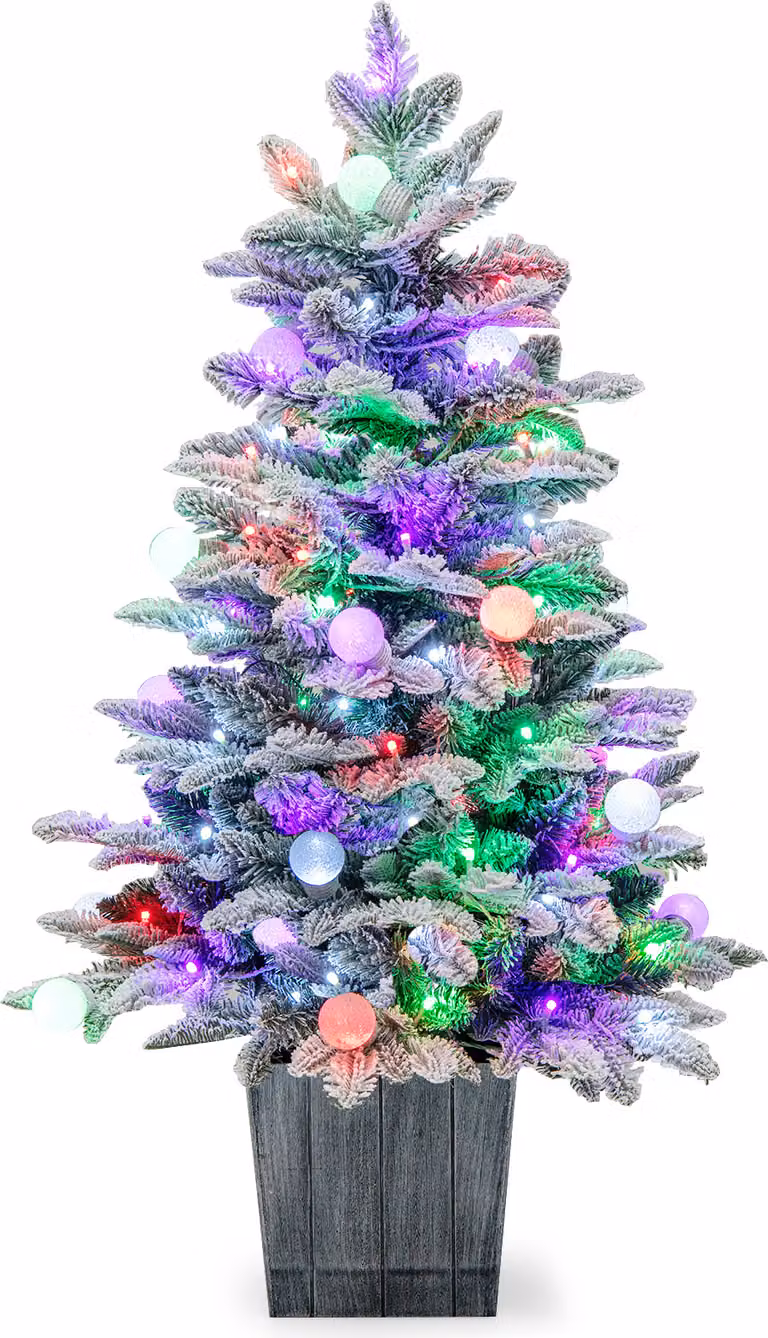 COSTWAY Albero di Natale artificiale da 100 cm con neve e base, albero di Natale floccato con 80 LED multicolore e 148 punte di rami, albero di Natale