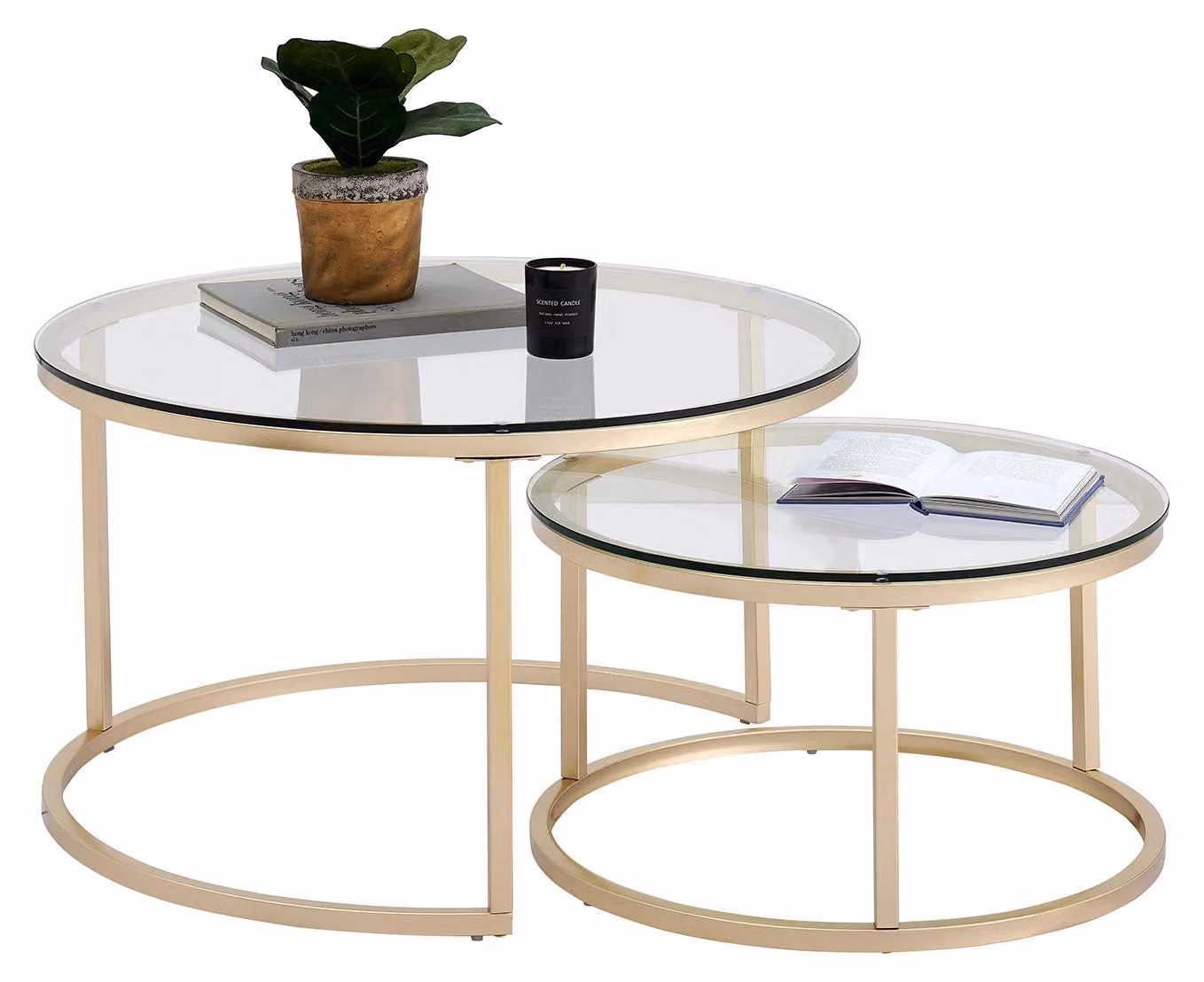 Set di tavolini da divano 2 in 1 - Tavolini rotondi - Aspetto marmo con struttura in legno - Struttura in metallo - Stile moderno - 80 cm e 60 cm