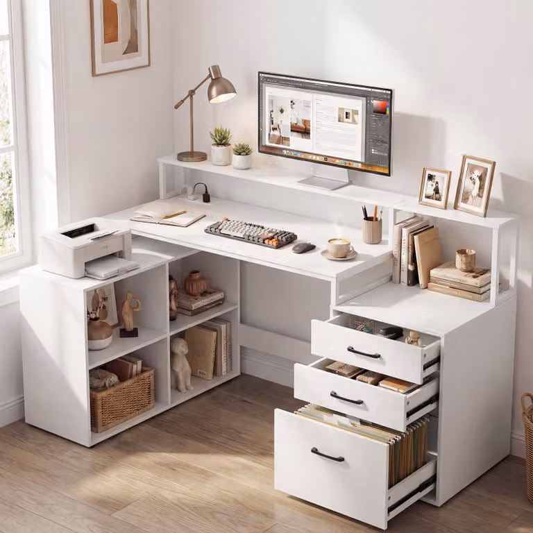Scrivania angolare moderna Costway con cassettiera per ufficio domestico, colore bianco