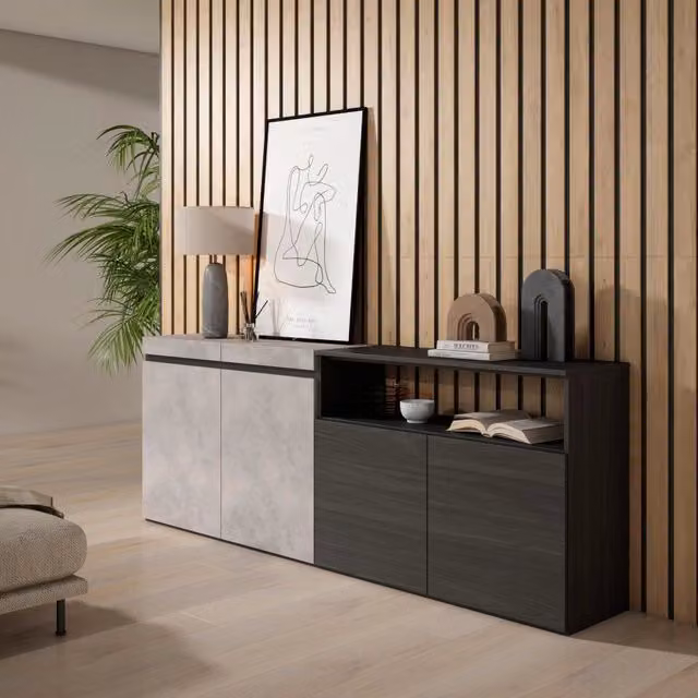 Credenza, Mobile, 200x35x75cm, 4 Porte, grande stoccaggio, grigio cemento RF2411