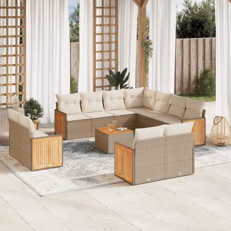 Set di divani da giardino vidaXL in polyrattan beige con cuscini e tavolino da esterno a forma di U