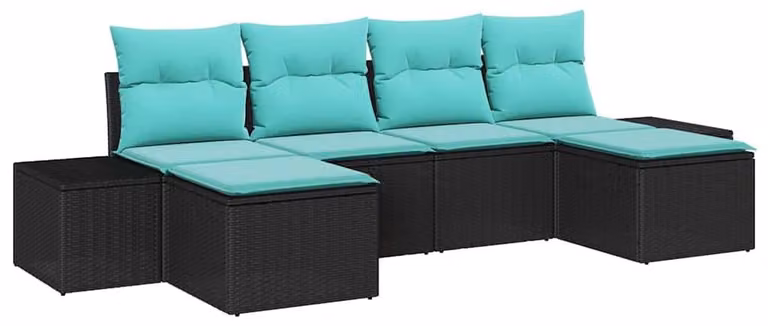 Set da giardino composto da 4 pezzi, in rattan sintetico nero e turchese