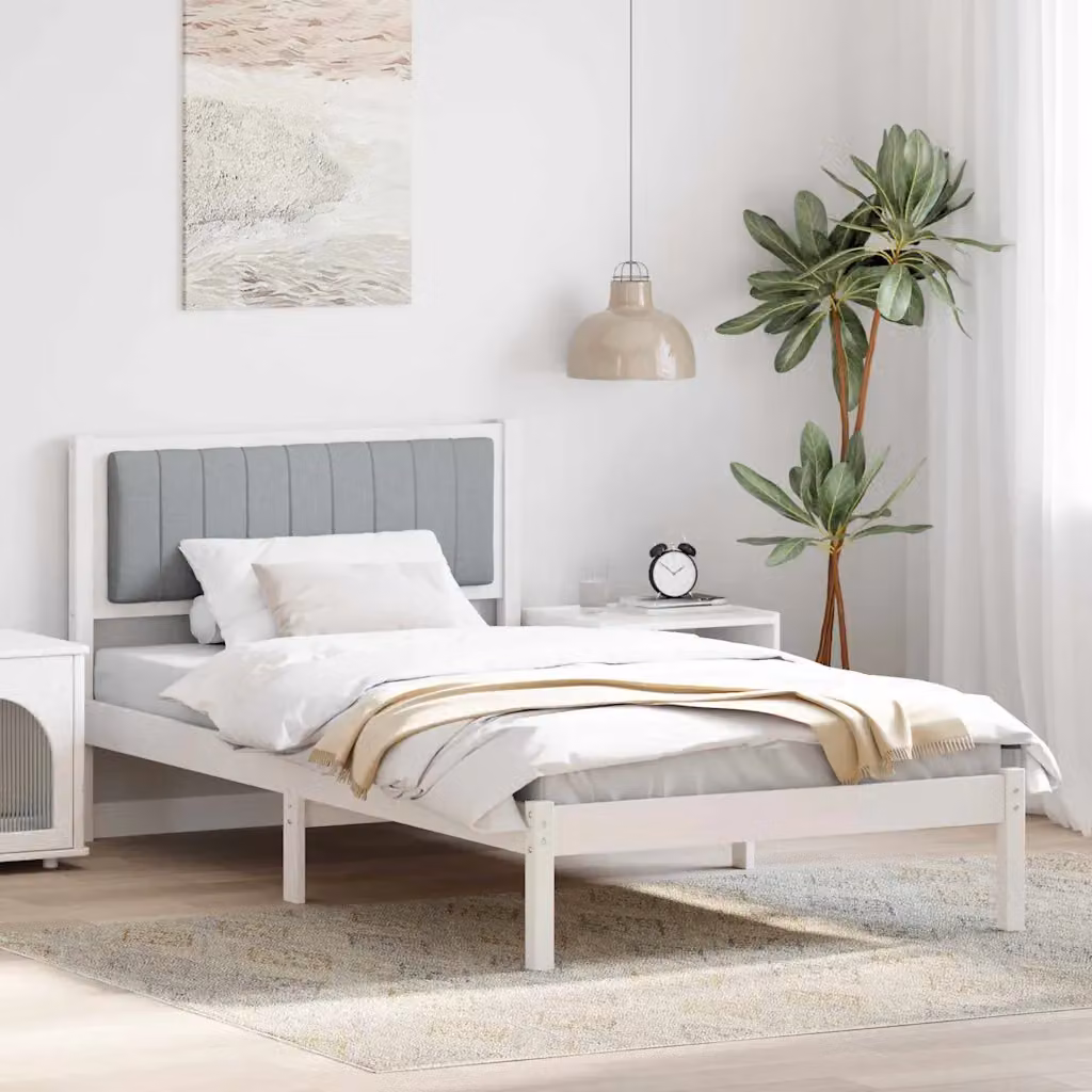 Letto moderno vidaXL con testiera rivestita in tessuto e struttura in legno di pino, Grigio chiaro, L 100 x P 200 cm – 1