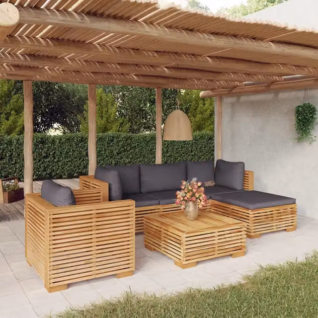 Set da giardino moderno vidaXL composto da 6 pezzi in legno di teak con cuscini grigi a forma di L con lato sinistro – 1
