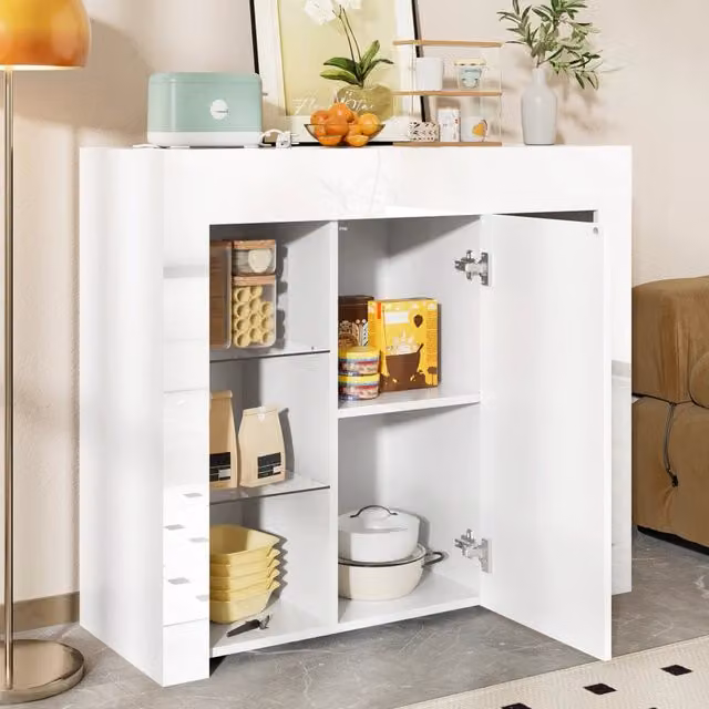 Credenza e madia con anta e ripiani in vetro frontale lucido finitura opaca per soggiorno cucina bianca 95 × 35 × 83 cm
