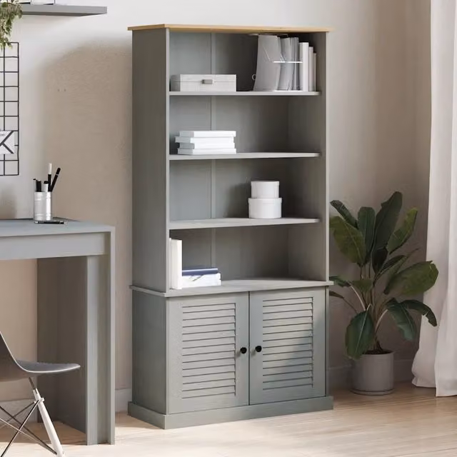 Libreria-Scaffale per Libri-Mobile di Stoccaggio VIGO 85x35x170 cm in Legno Massello di Pino Grigio