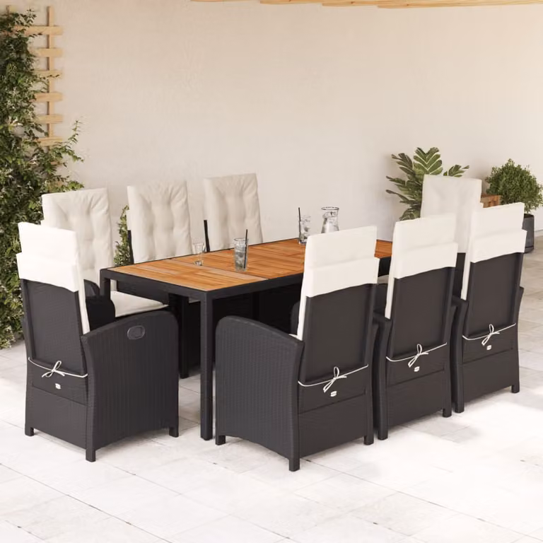 Set da Pranzo da Giardino vidaXL 9 pz in Polyrattan e Legno di Acacia Nero e Marrone con Cuscini