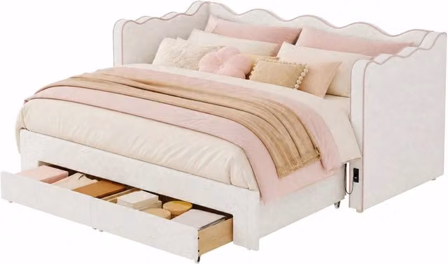 Letto singolo estraibile con 2 cassetti e porte di ricarica USB e Type-C in tessuto bouclé beige, L: 90 cm, P: 200 cm, H: 102 cm