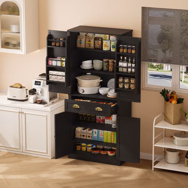 Armadio alto Flieks, armadio da cucina con 6 scomparti, armadio per cucina, sala da pranzo e soggiorno, armadio nero