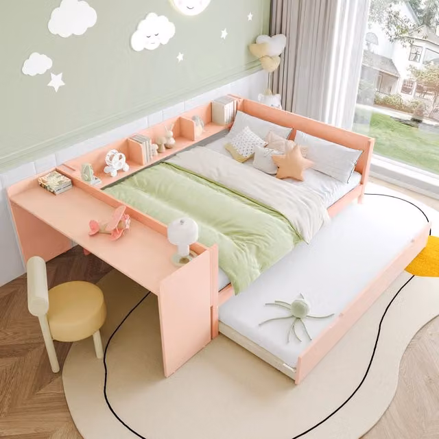Letto singolo bianco 90x200 cm; letto estraibile 90x190 cm e 3 cassetti; legno di pino e MDF