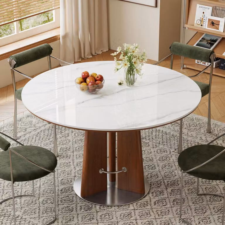 Tavolo rotondo da pranzo, piano in sinterizzata bianca, base in acciaio inossidabile, altezza 75 cm