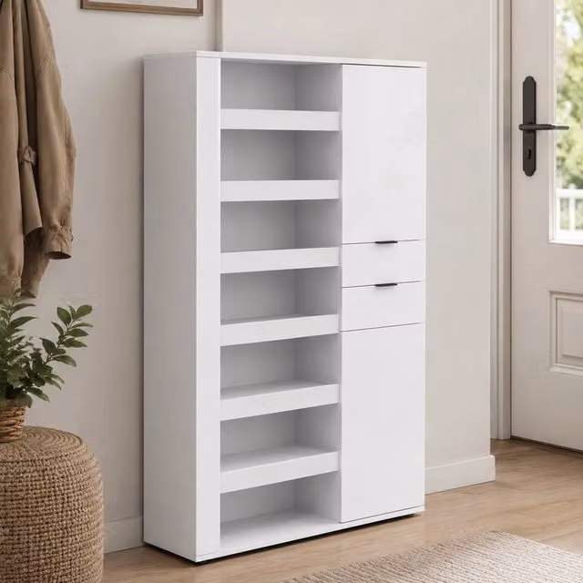 Scarpiera Moderna DMORA con 8 Ripiani e Ante Soft Close, Bianco Lucido, L/P/H: 120 x 35 x 178 cm