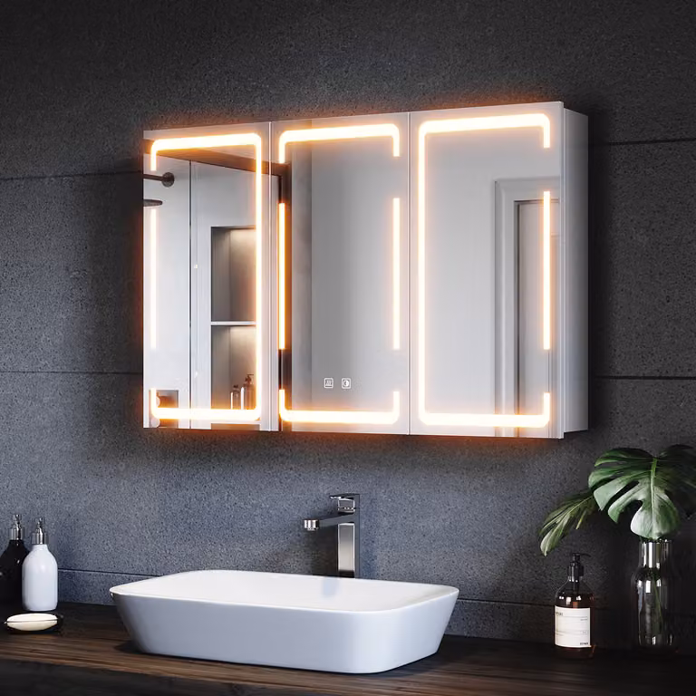 Armadio a specchio in metallo SONNI con illuminazione a LED a 3 colori 90x60x14 cm, interruttore dual-touch dimmerabile, 3 ante, pensile con cerniera wireless