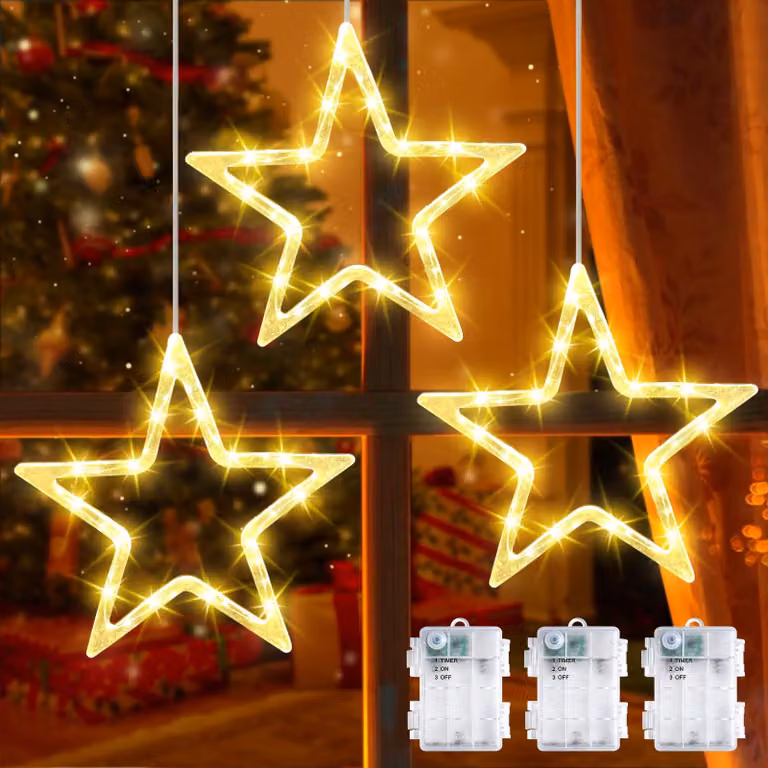 Decorazioni natalizie a forma di stella a LED, set da 3, luce bianco caldo, alimentate a batteria, con timer