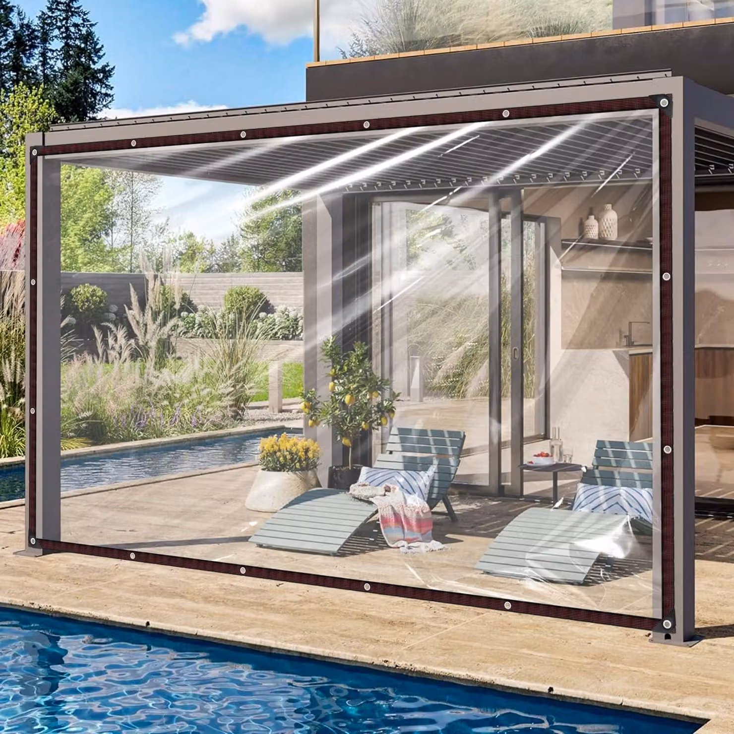 Telo trasparente impermeabile, dimensioni 4 x 4 metri, con occhielli
