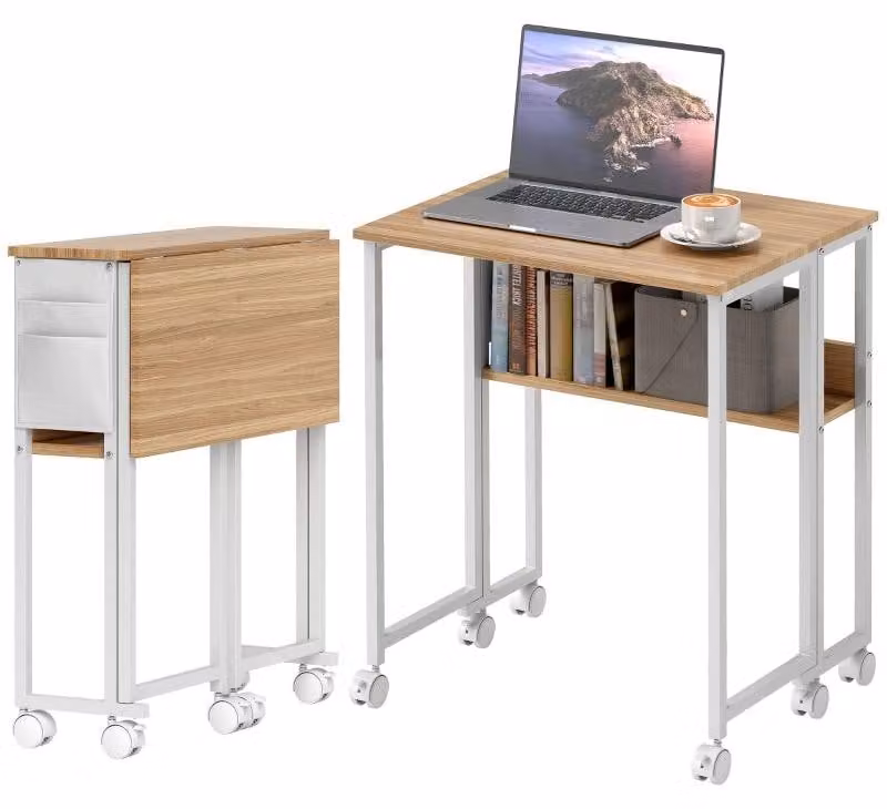 Scrivania pieghevole – Scrivania salvaspazio per computer – 63 cm – Legno naturale con ripiano e borsa portaoggetti