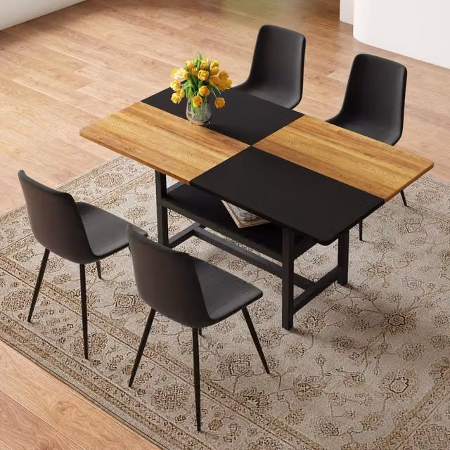 Tavolo da pranzo per 4 persone con vano contenitore e 4 sedie, in MDF, metallo e pelle PU, marrone e nero
