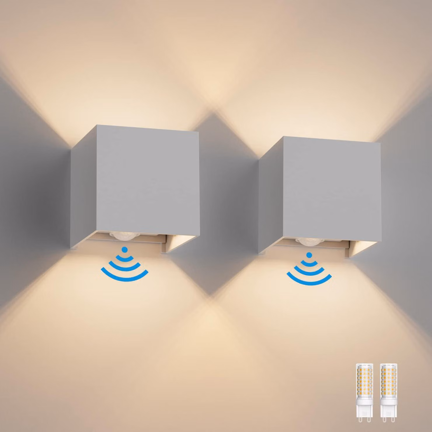 Set di 2 lampade a LED da parete con sensore di movimento, 3000K, attacco G9, colore grigio chiaro