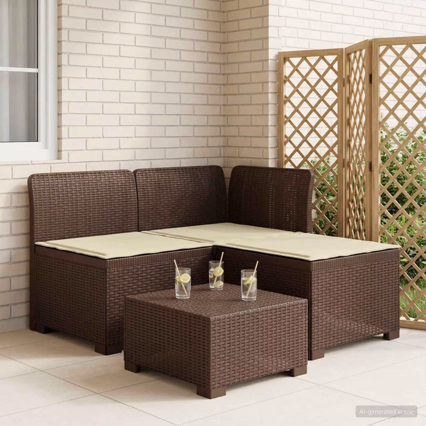 Divano da giardino a L vidaXL con cuscini beige e marrone in look rattan resistente alle intemperie