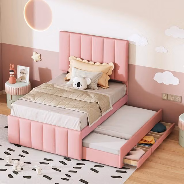 Letto imbottito 90 x 200 cm con letto estraibile e cassetti contenitore, imbottitura in lino, letto singolo per bambini, ragazzi e ospiti - Rosa