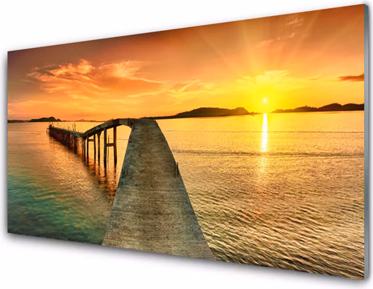 Pannello in vetro per cucina, dimensioni 100x50 cm, con decoro a tema: sole, mare, ponte, paesaggio
