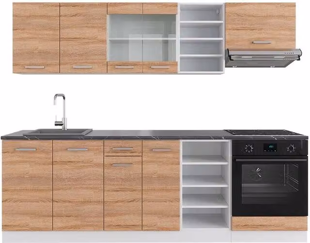 Cucina componibile moderna Vicco R-Line Sonoma e Bianco con piano Antracite, L: 240 cm