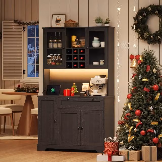 Buffet moderno REDOM in MDF nero opaco con illuminazione LED e vetro L: 180 cm, P: 105 cm, H: 40 cm