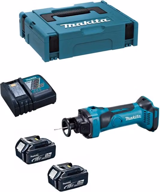 Rifilatore per cartongesso Makita DCO180RTJ con 2 batterie da 5,0 Ah, caricabatterie DC18RC e sistema di trasporto MAKPAC