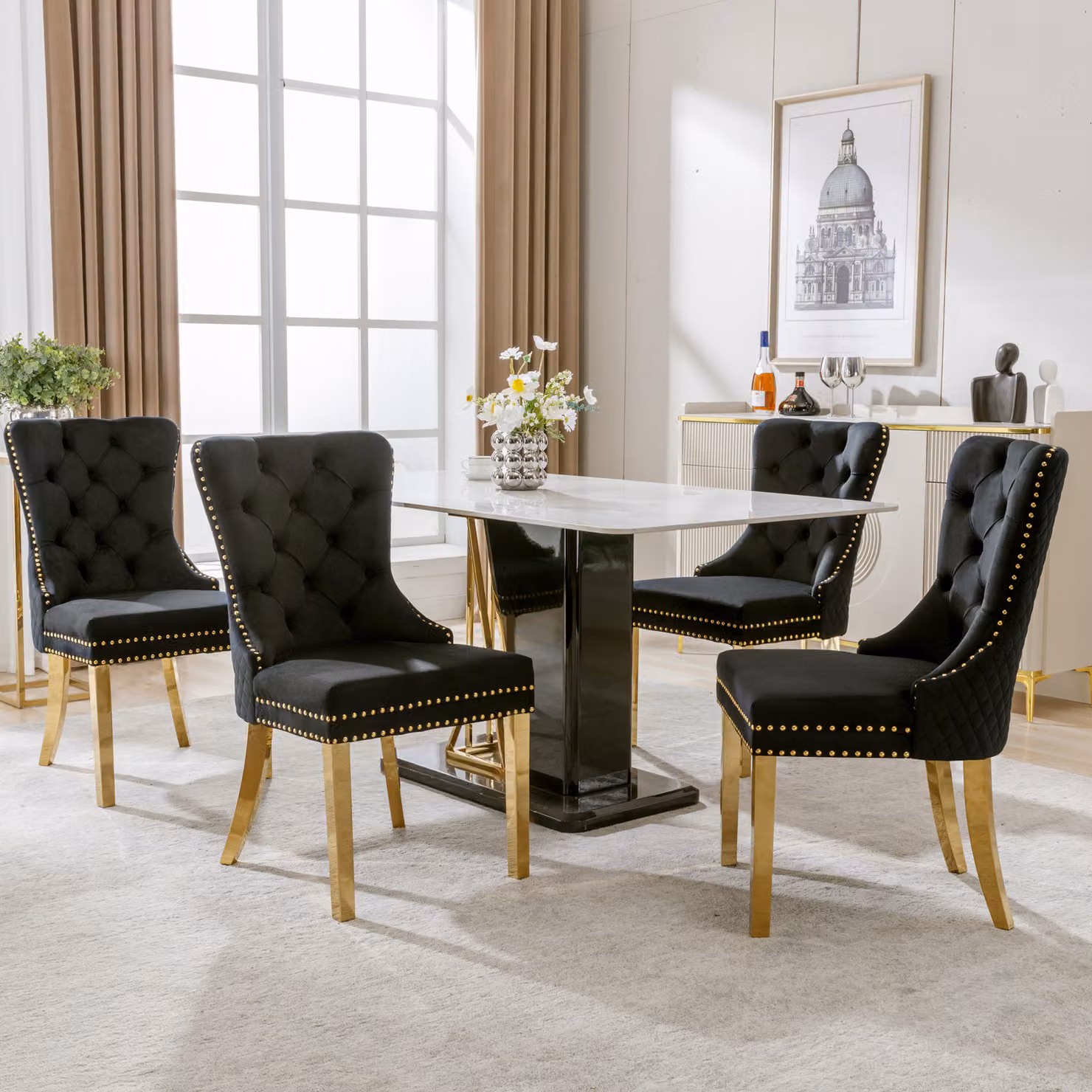 Set di 4 sedie da sala da pranzo Flieks, sedie da soggiorno sedie da cucina con gambe in acciaio inox, sedie imbottite con schienale, rivestimento in velluto, nero