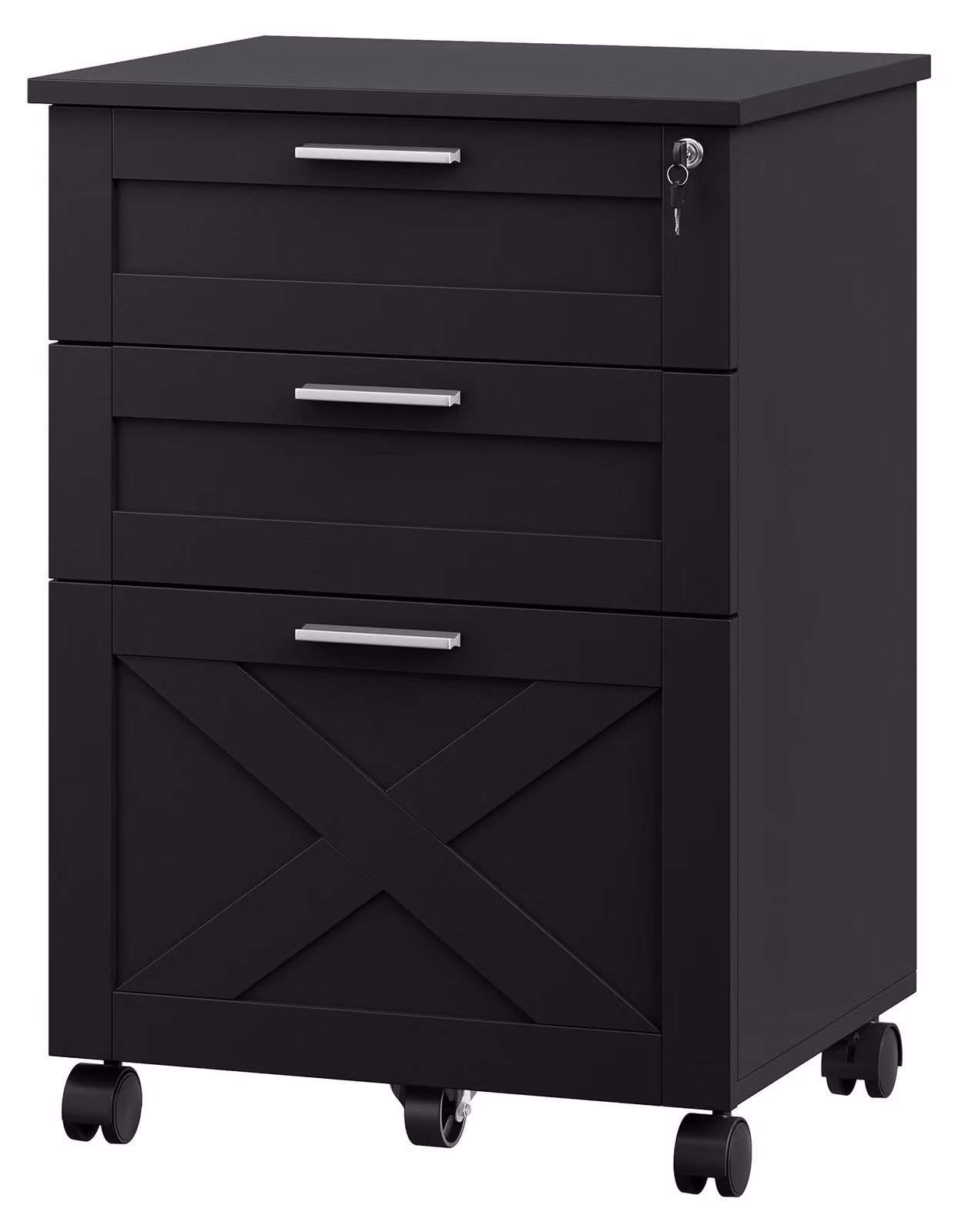Contenitore portatile per ufficio su ruote, con 3 cassetti chiudibili a chiave, vano porta documenti A4, colore nero, finitura a grana fine