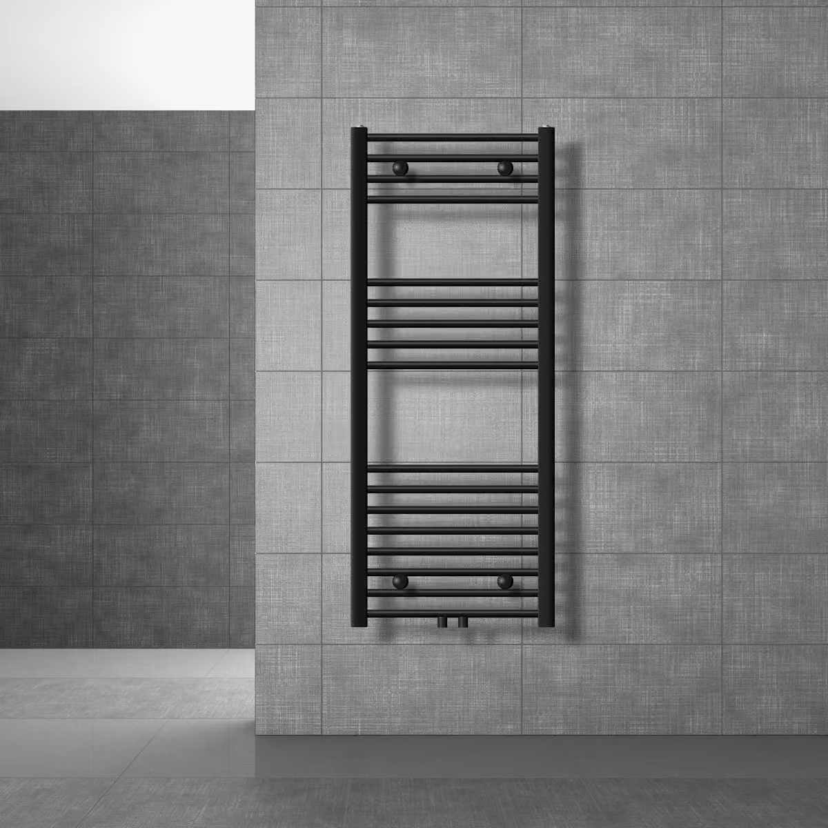 Radiatore da bagno LuxeBath Sahara, 500x1200 mm, nero, curvo con attacco centrale e valvola termostatica a pavimento, senza resistenza