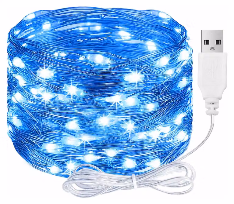 Catena luminosa a LED, alimentazione USB, 3 metri, 30 LED, filo di rame, colore blu