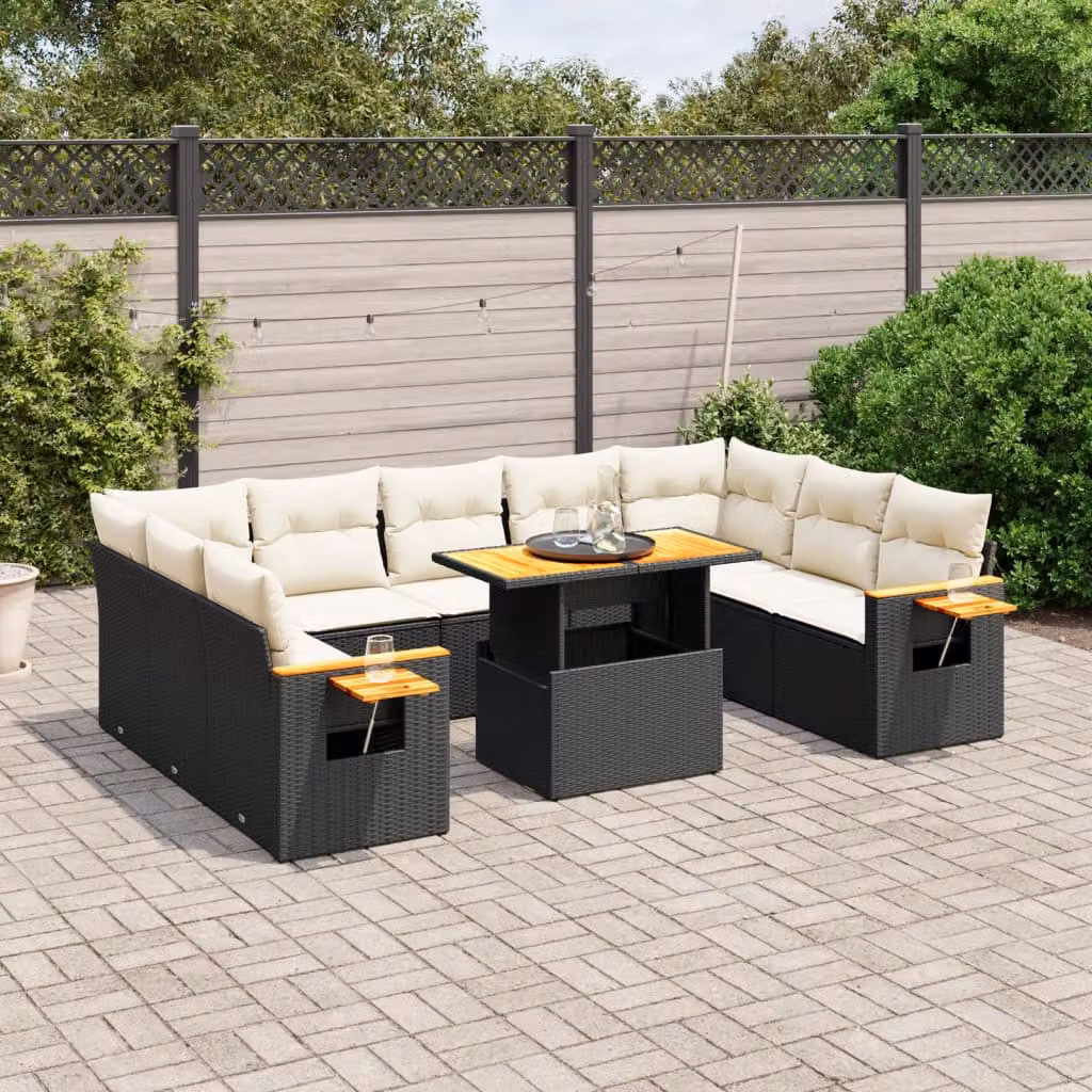 vidaXL Set Divani da Giardino 11 pz in Polyrattan Nero con Cuscini e Tavolino da Esterno – 1