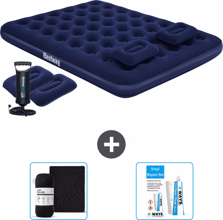 Materasso ad aria Bestway - 2 persone - 152 x 203 x 22 cm - Blu - Pompa a mano inclusa - Cuscini - Accessori