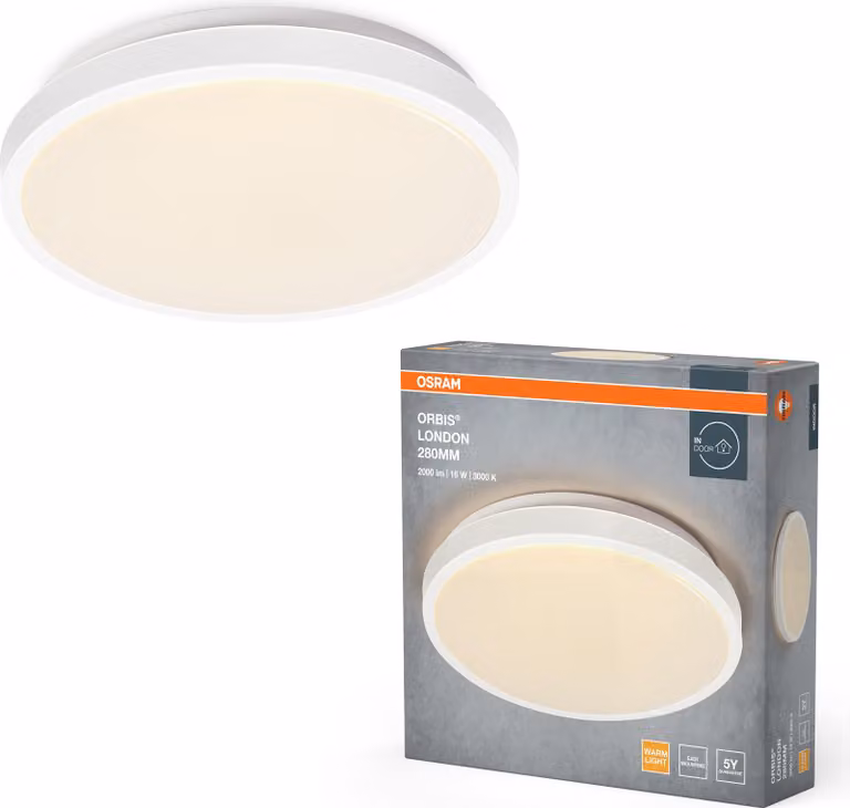 OSRAM ORBIS LONDON Plafoniera LED 280mm, bianca, 16W, 2000lm, colore della luce bianco caldo, distribuzione della luce molto omogenea, lunga durata, modulo LED installato in modo permanente, rotonda, classe di protezione IP20, 3000K