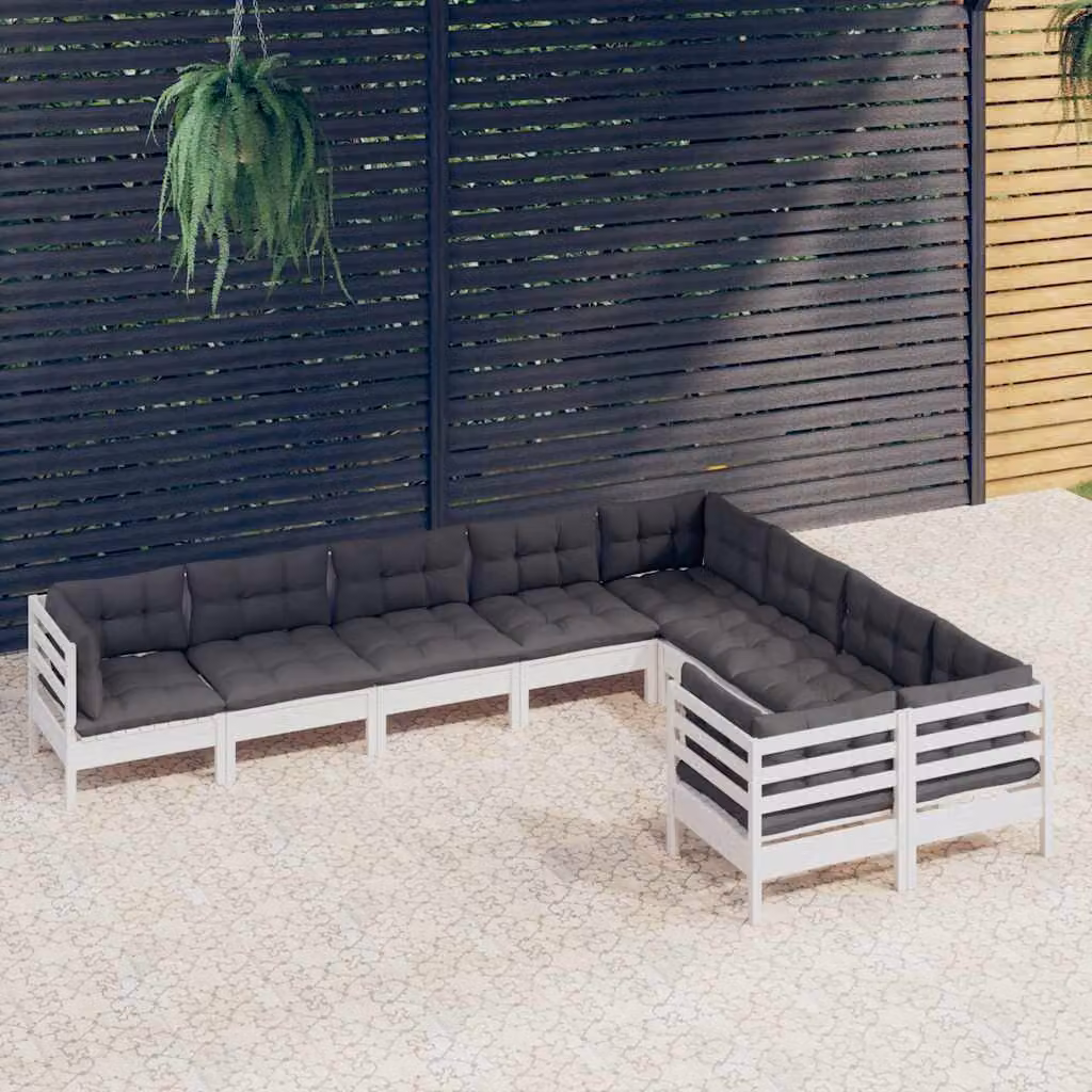 Set di divani da giardino a L vidaXL in legno di pino con cuscini bianchi, antracite e grigi, 9 pezzi