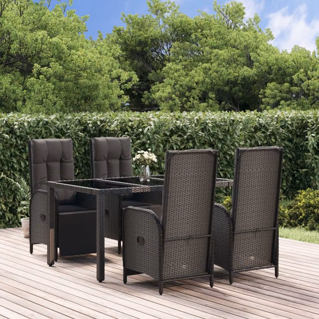 Set da Pranzo da Giardino vidaXL in Polyrattan e Metallo Nero con Piano in Vetro, 5 Pezzi