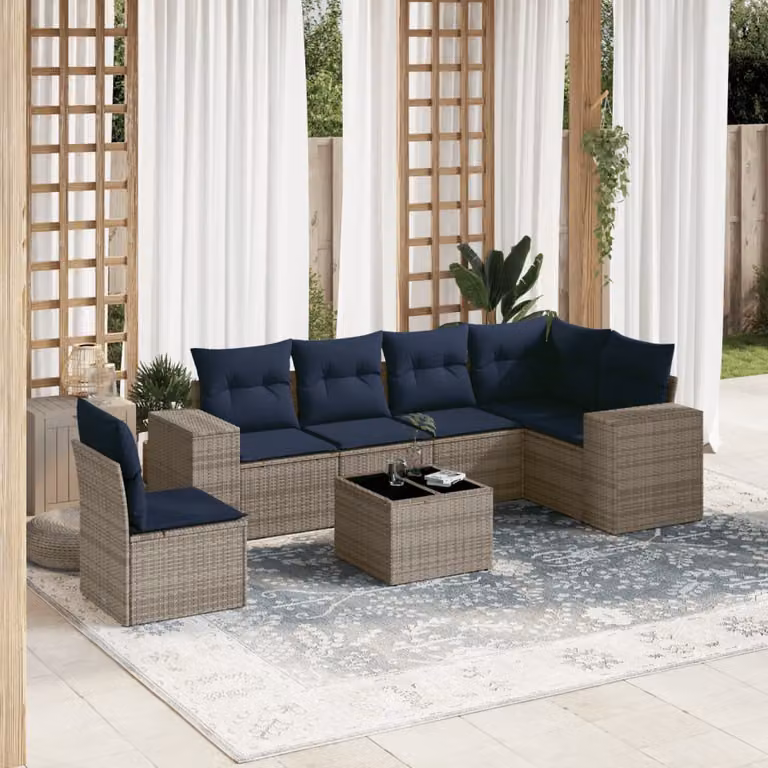 Set da giardino vidaXL in polyrattan composto da 7 pezzi con cuscini grigi e blu e tavolino da caffè